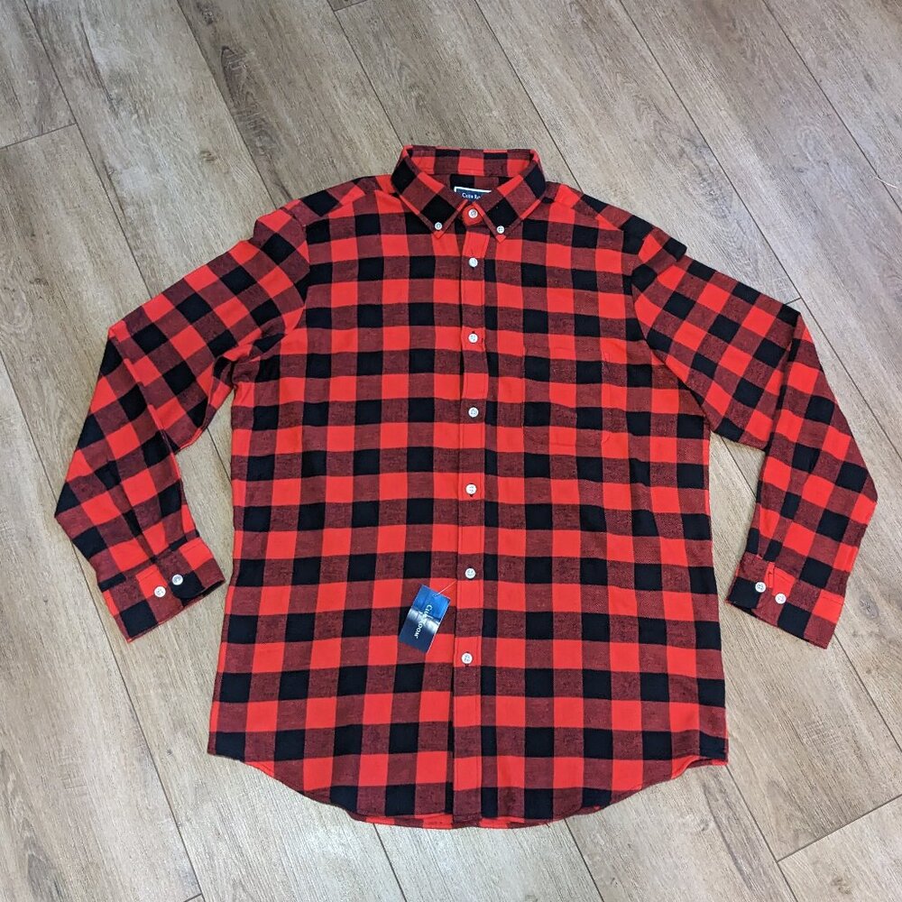 NWT Club Room Button Down Shirt Mens L Red Black Buffalo Check Flannel Fall Camp